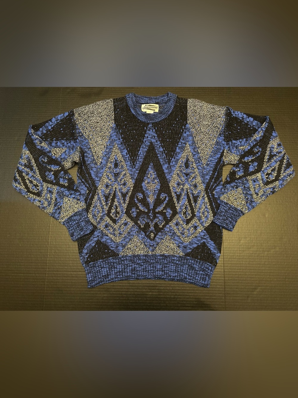Vtg Expressions Mens Grandpa Sweater Sz M Multicolor Geo Knitted Crew Neck 90s